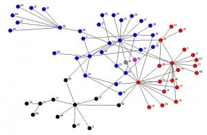 network connections to first, second, and third connections in diagram of dots connected by colored lines